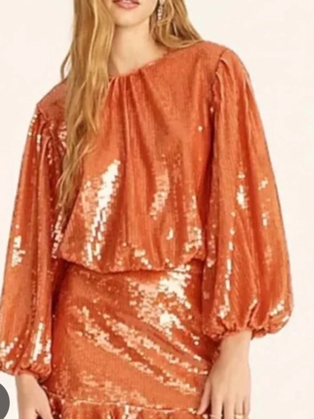 J Crew Vibrant Orange Bubble Sleeve Sequin Top Size Medium Cropped Cinched Hem